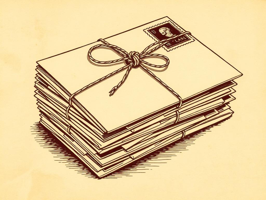 Stack of postmarked envelopes tied with twine