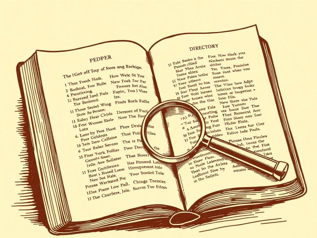 Open phone directory with magnifying glass